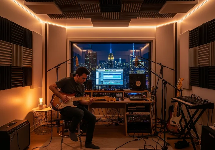 Musician playing guitar in soundproofed home studio with city night skyline view