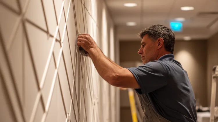 Technician installing acoustic panels on a conference room wall