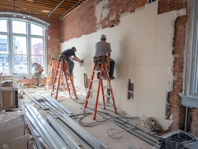 Workers installing soundproofing materials during commercial renovation