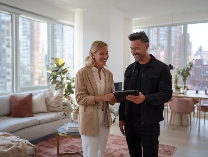 Professional consultant talking with client in a bright Palo Alto living room