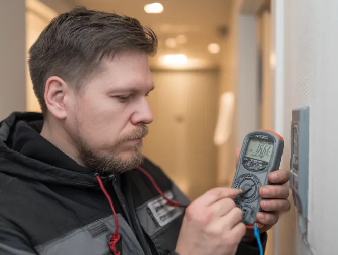 A professional acoustic engineer inspecting a Palo Alto apartment wall with instruments