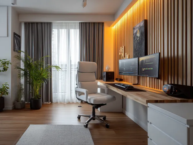 Stylish modern home office with wood slat acoustic wall panels